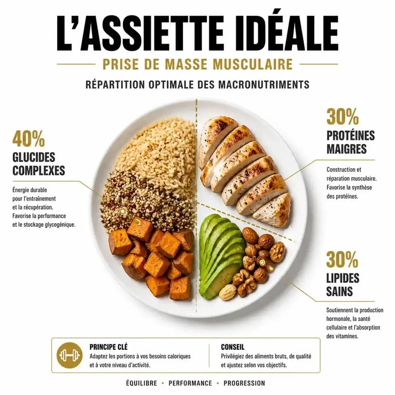 Infographie de la répartition des macronutriments pour une prise de masse musculaire efficace