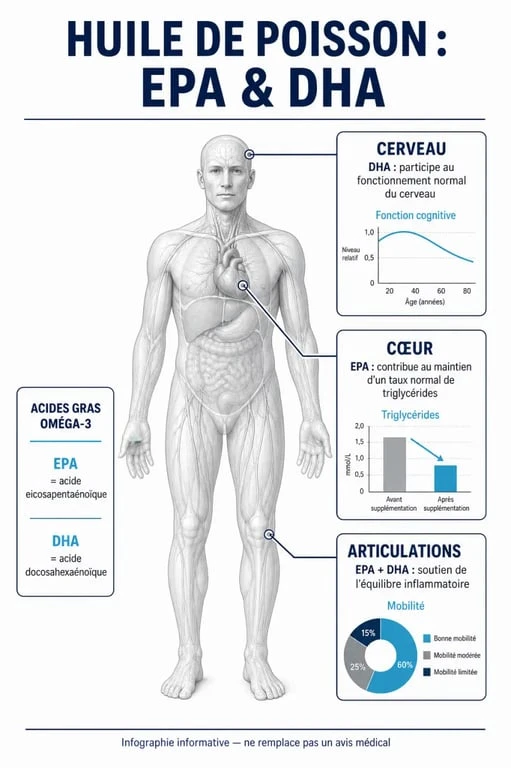 Infographie des bienfaits de l'huile de poisson sur la santé : cœur, cerveau et articulations.