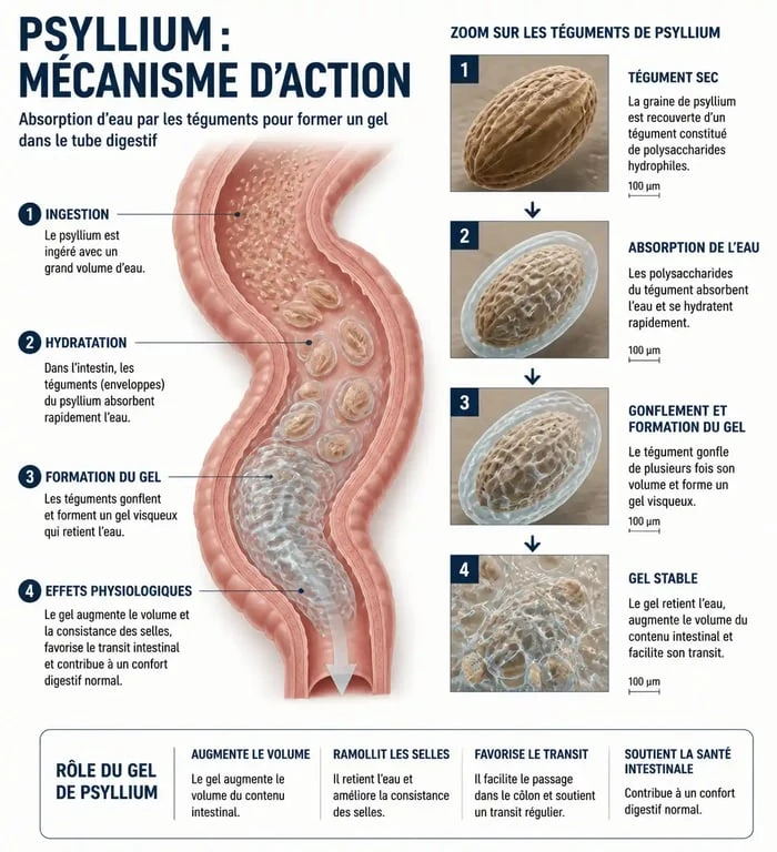 Infographie sur le fonctionnement et les bienfaits du psyllium pour la santé digestive
