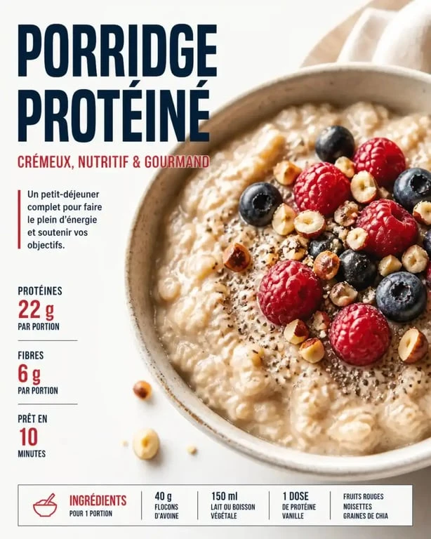 Bol de porridge protéiné onctueux garni de fruits et oléagineux pour un petit-déjeuner sain