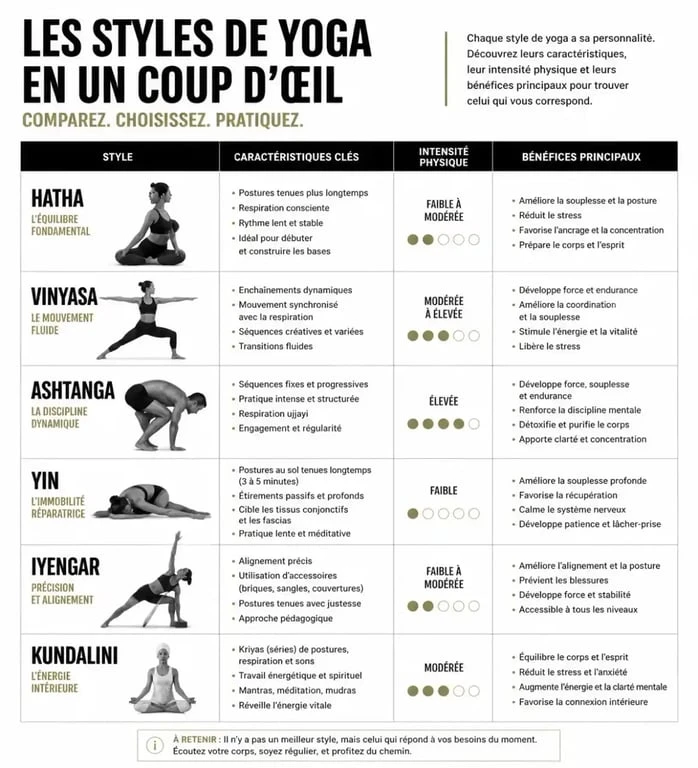 Infographie comparative des différents types de yoga pour choisir sa pratique
