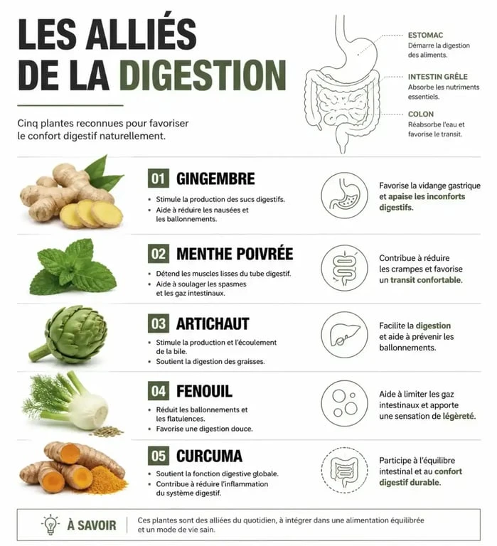 Infographie des plantes et habitudes pour une aide pour la digestion naturelle