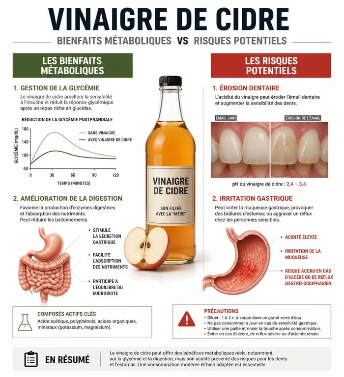 Infographie comparative des bienfaits et risques du vinaigre de cidre pour la santé