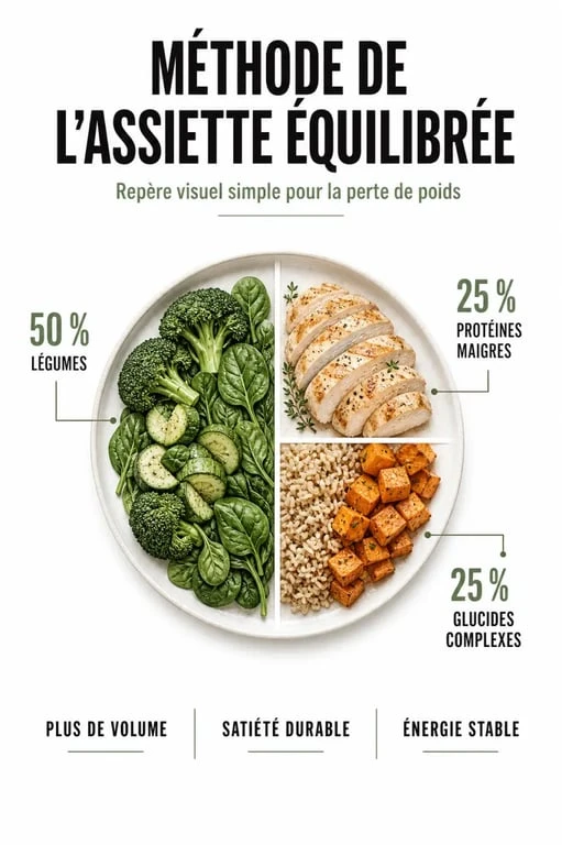 Infographie de la méthode de l'assiette équilibrée pour savoir que manger pour perdre du poids