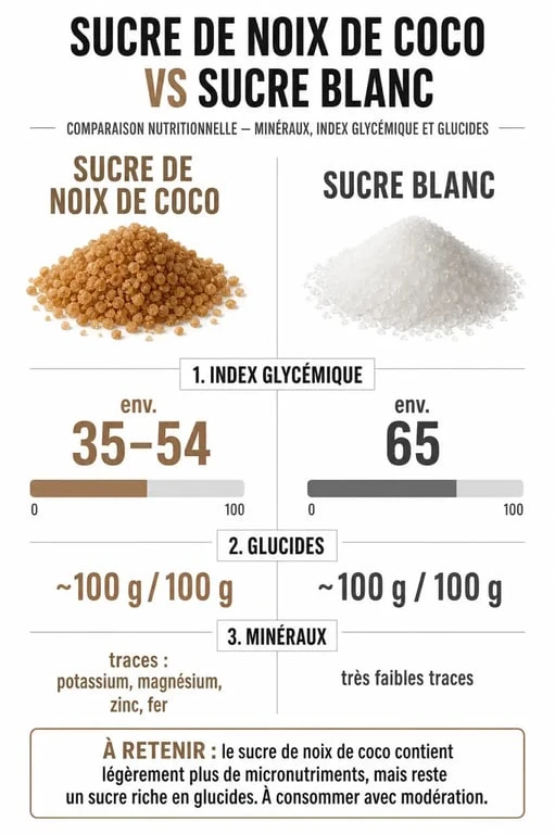 Infographie comparative des bienfaits nutritionnels et de l'index glycémique du sucre de noix de coco par rapport au sucre blanc.