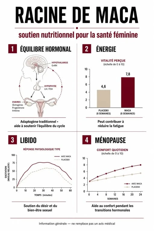 Infographie des bienfaits de la maca pour la femme : équilibre hormonal, énergie et libido