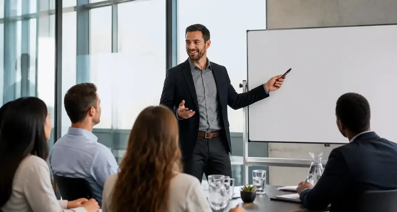 Entrepreneur présentant une stratégie de croissance à son équipe