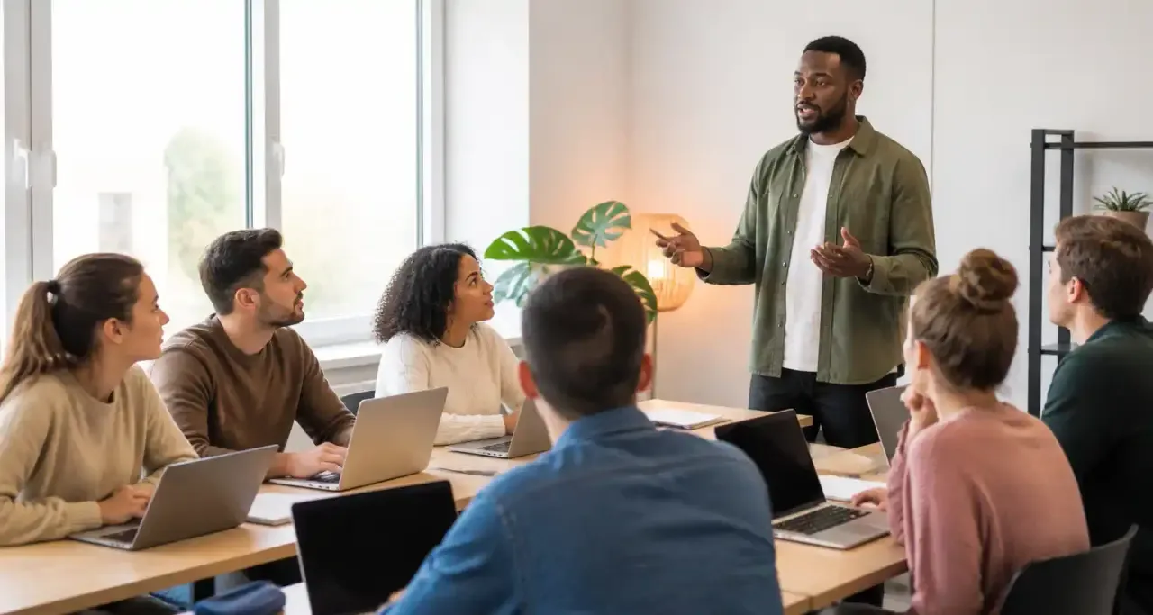 Groupe d'apprenants en formation professionnelle au webmarketing
