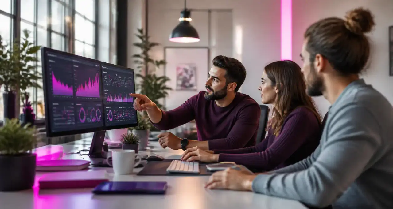 Équipe marketing digital analysant des tableaux de bord de croissance sur grands écrans dans un studio lumineux
