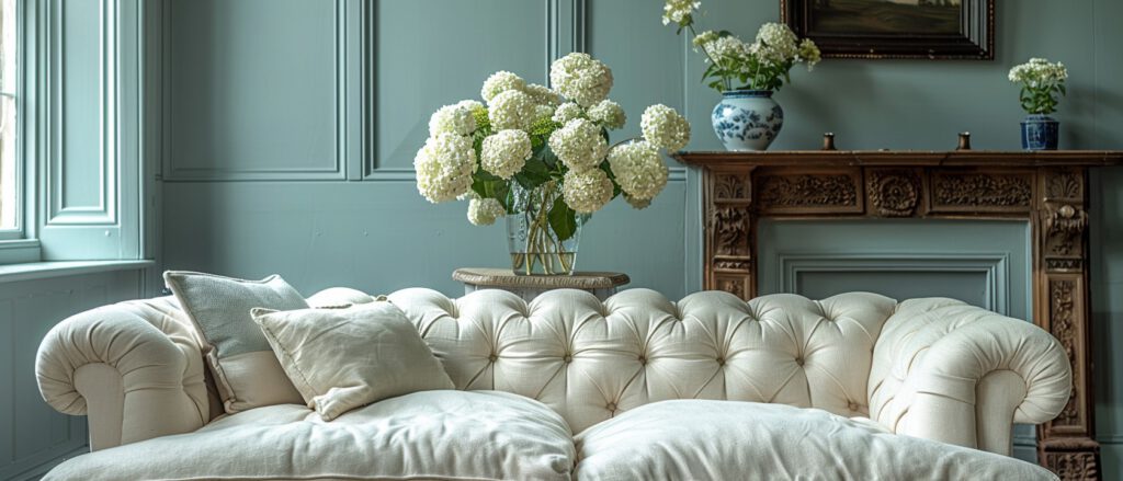 Smoothly painted duck-egg-blue panelled wall behind a cream sofa