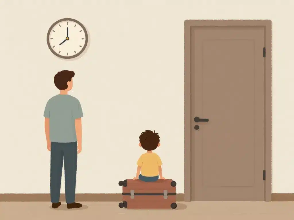 Scène droit de visite horaires non respectés parent absent, enfant et parent attendant