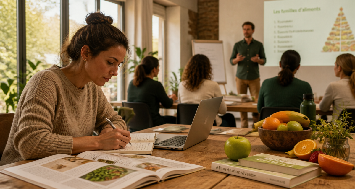 Coach en nutrition formation, femme prend des notes