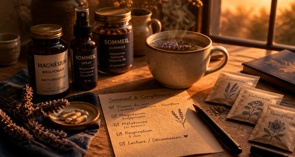 complements alimentaires pour dormir sur table avec tisane et plantes