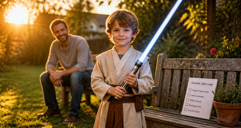 Enfant avec sabre laser enfant dans un jardin