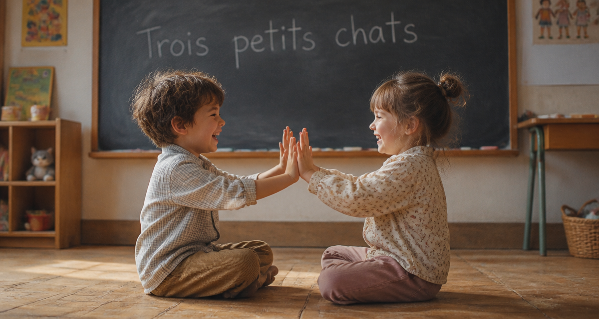 deux enfants jouent trois petit chats paroles