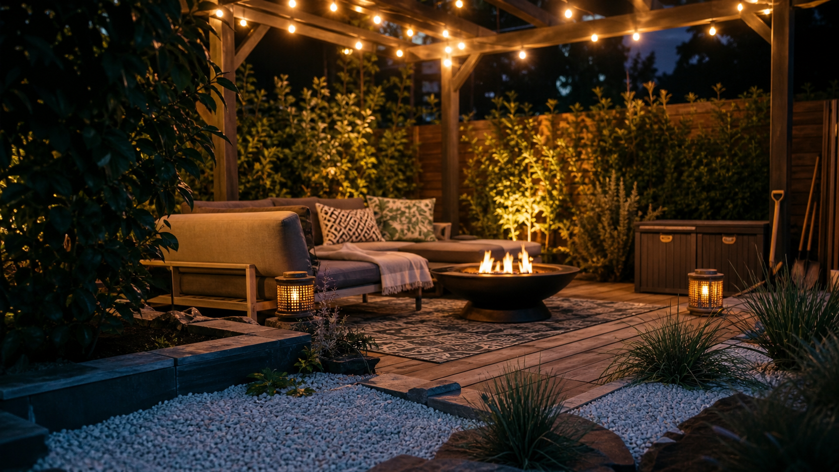 Déco jardin extérieur : terrasse bois avec salon, tapis et braser