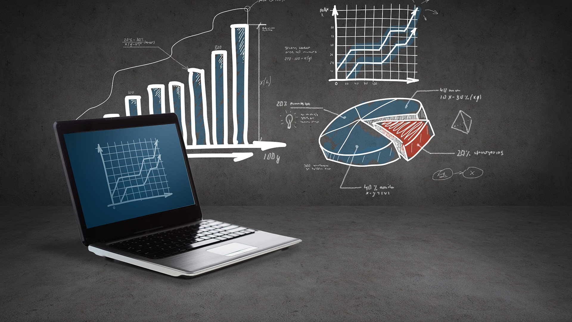 Analysis of business data and growth charts displayed on a laptop with digital graphs and pie charts on a chalkboard background, highlighting analytics, data visualization, and business intelligence.