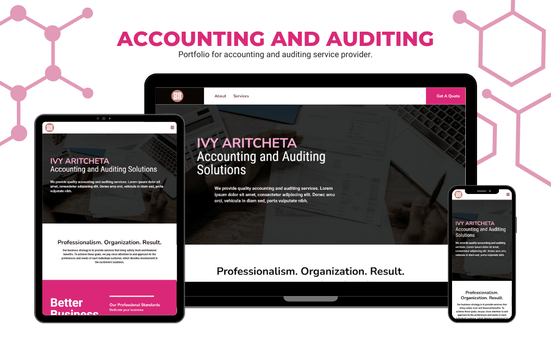Accounting and auditing services website showcased on desktop, tablet, and smartphone screens for Bryan Aritcheta with professional financial solutions.