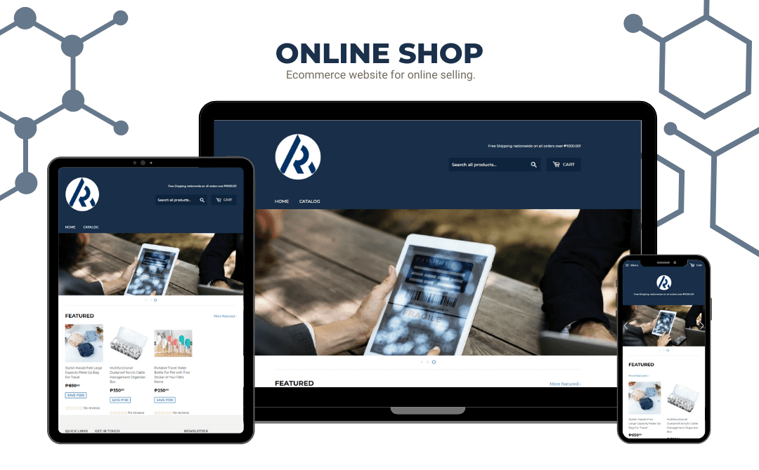 Online shop e-commerce website for online selling with responsive design on tablet, laptop, and mobile.