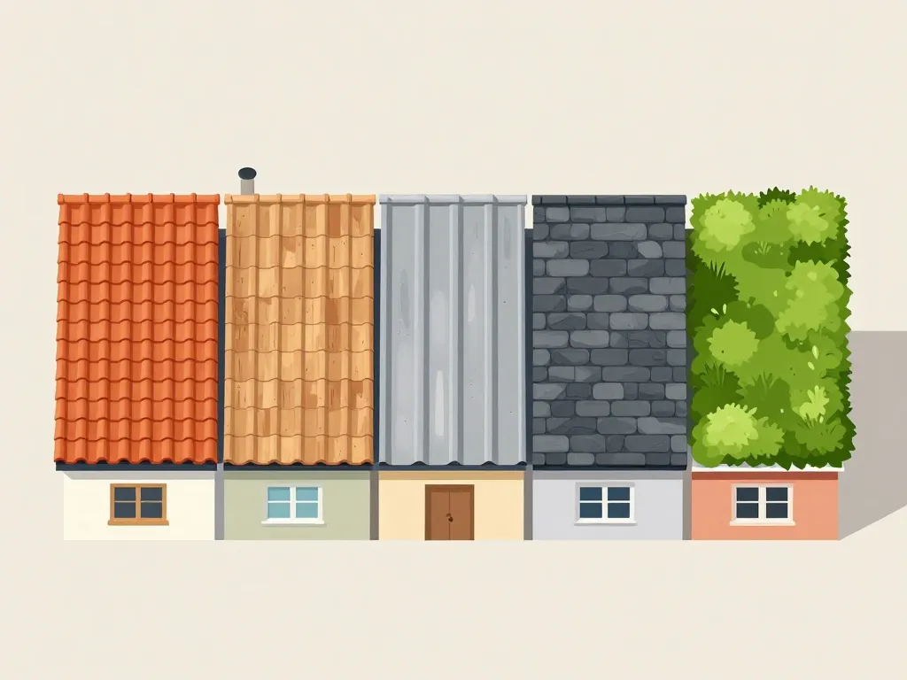 Illustration des principaux matériaux de couverture pour toiture : tuiles, ardoise, métal, végétalisée