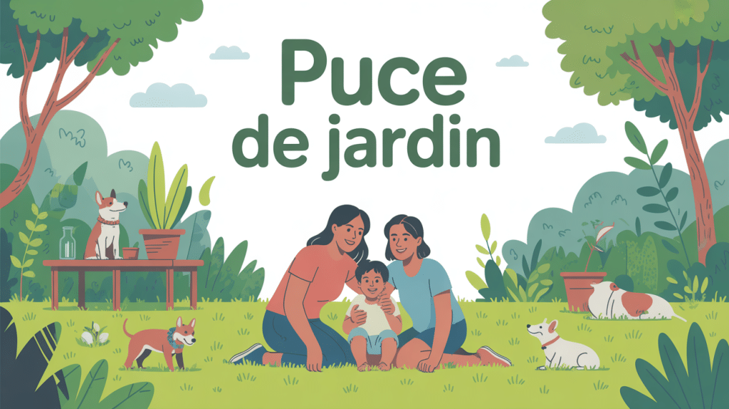 Illustration famille et animaux dans jardin sans puces
