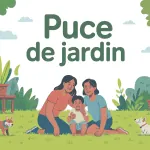 Illustration famille et animaux dans jardin sans puces