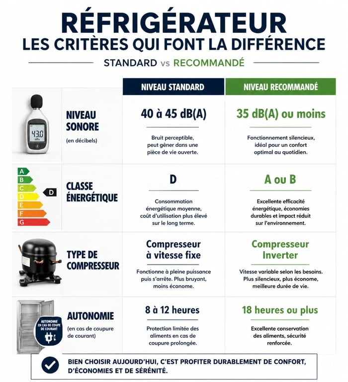 Infographie comparative des critères de choix pour l'achat d'un réfrigérateur