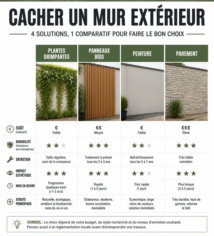 Comparatif des solutions pour cacher un mur extérieur : plantes, panneaux, peinture et parement.
