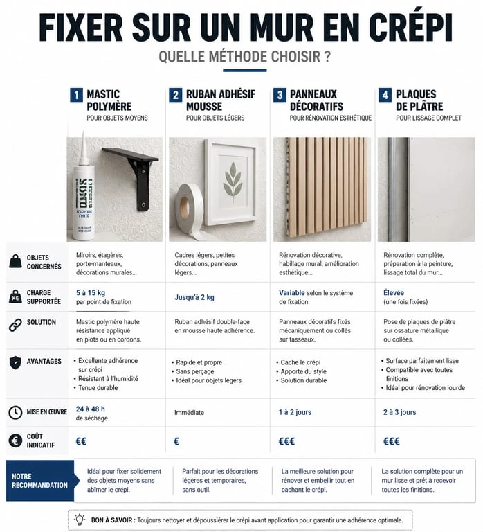 Infographie comparative des méthodes pour coller sur du crépi : mastic, adhésif, panneaux et plâtre