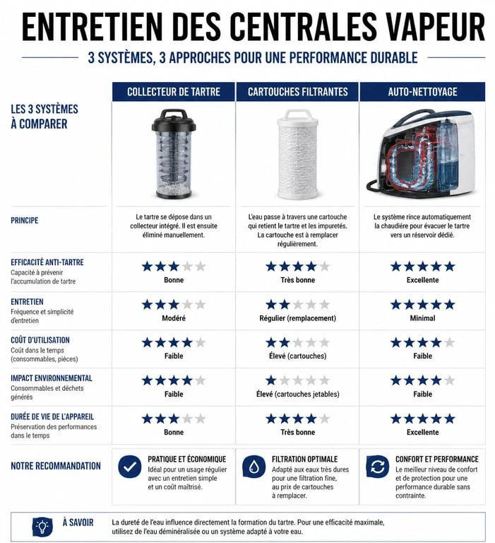 Infographie comparative des systèmes anti-calcaire pour centrale vapeur