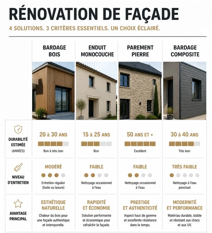 Tableau comparatif des solutions pour rénover ou embellir sa façade : bardage, enduit, pierre et composite