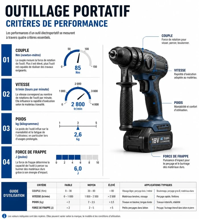 Infographie des critères techniques pour choisir son outillage portatif : couple, vitesse, poids et force de frappe.