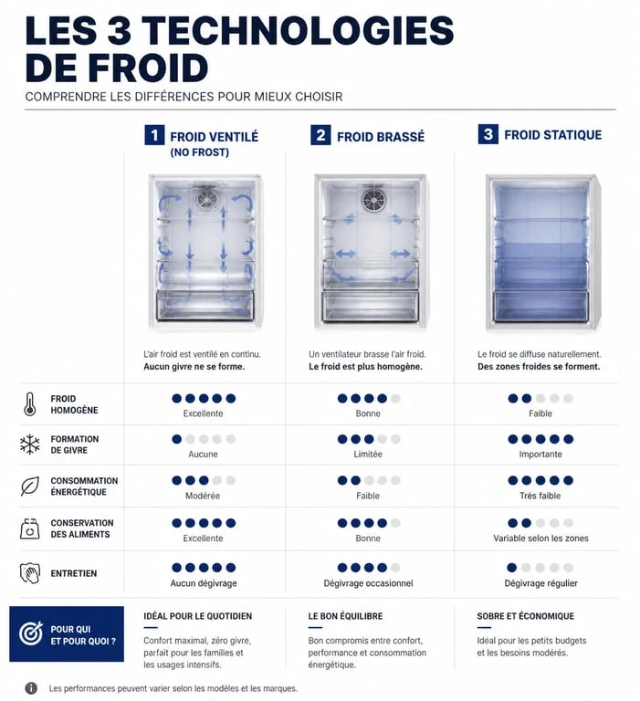Comparatif des technologies de froid pour réfrigérateur congélateur : No Frost, froid brassé et froid statique
