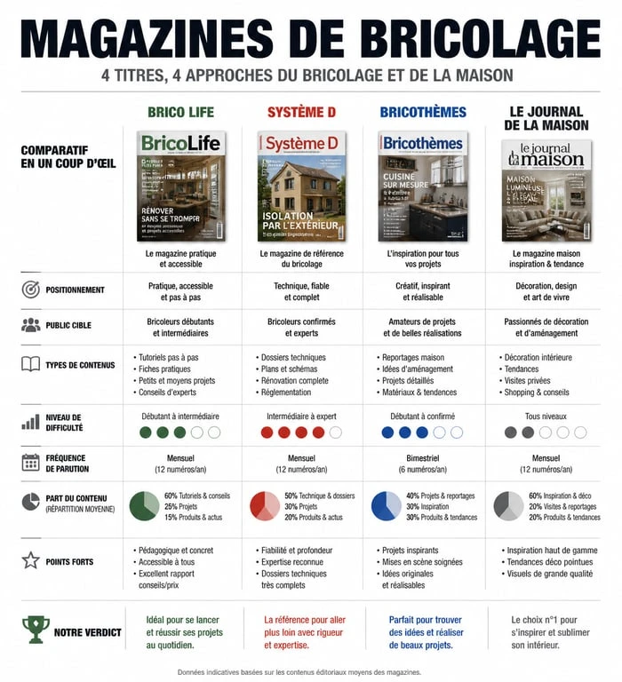 Tableau comparatif des magazines de bricolage : Brico Life, Système D, Bricothèmes et Le Journal de la Maison