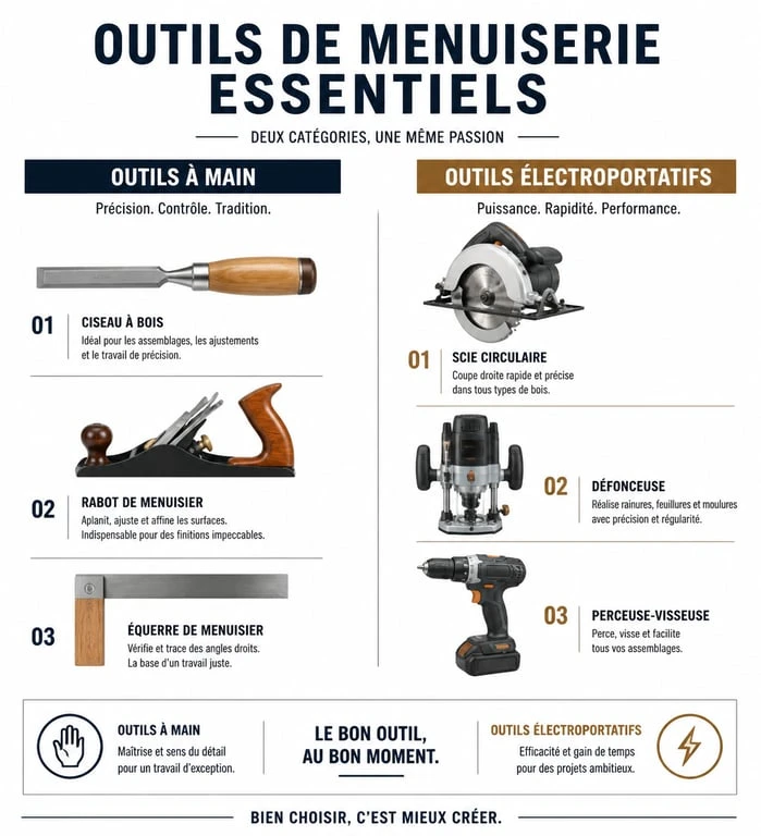Infographie comparative des outils de menuiserie essentiels pour débutants et professionnels