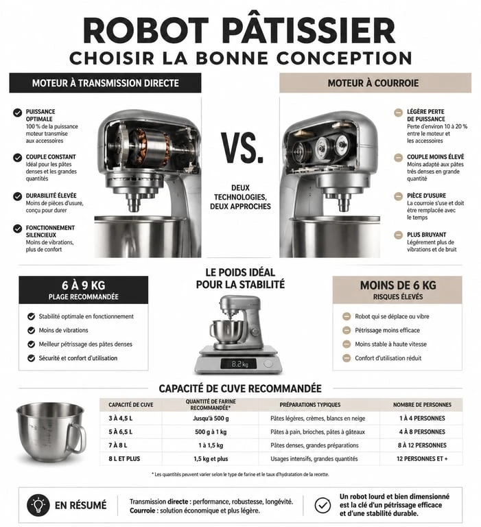Infographie comparative des critères techniques pour choisir le meilleur robot pâtissier