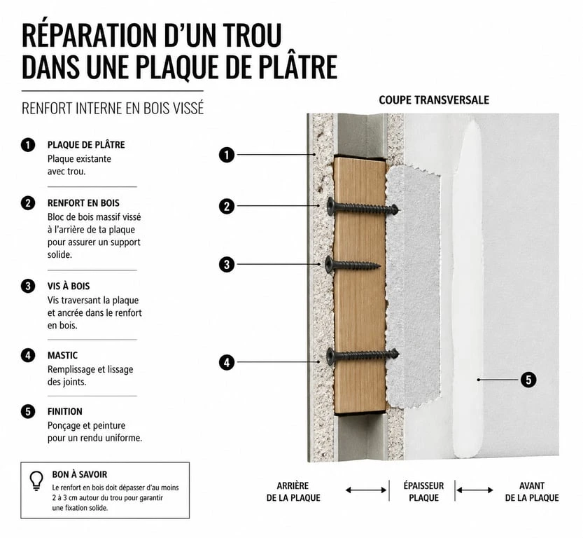 Schéma technique de réparation d'un trou dans du placoplâtre avec renfort interne