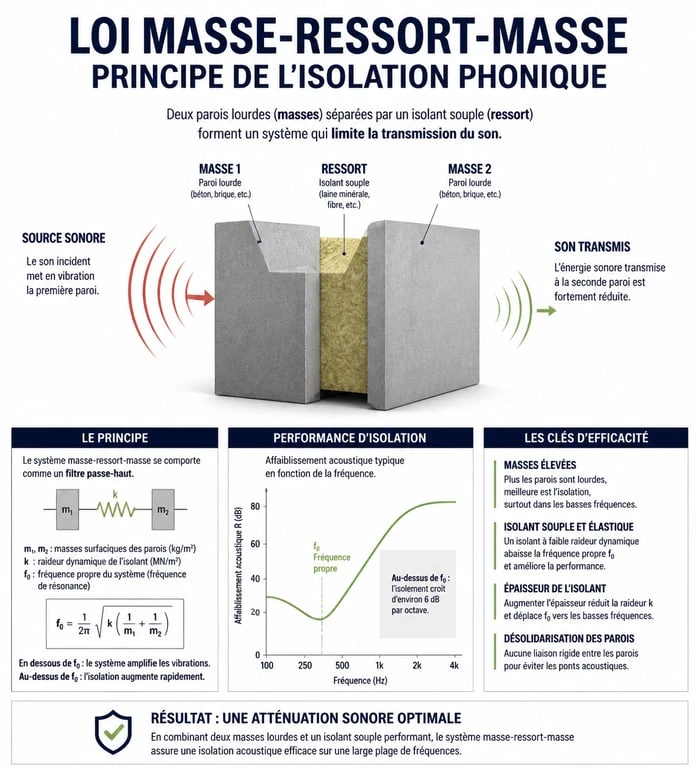 Schéma du principe masse-ressort-masse pour isoler phoniquement une pièce