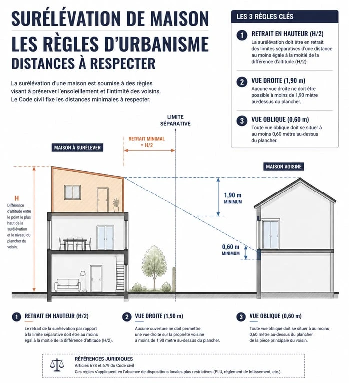 Schéma des règles d'urbanisme et distances légales pour un projet de surélévation de maison et voisinage