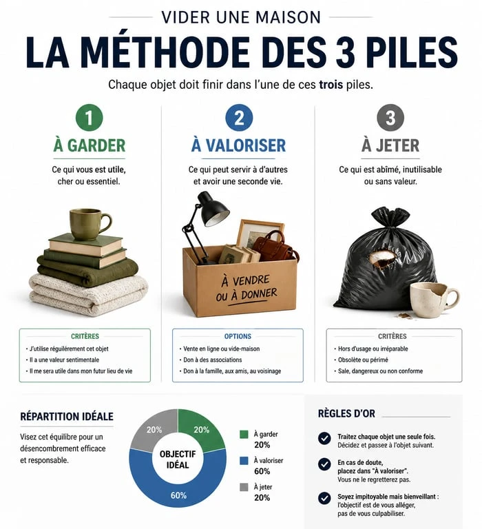 Infographie de la méthode des trois piles pour vider une maison : trier, donner, vendre et jeter efficacement.