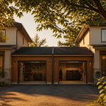 Maison mitoyenne par le garage avec garages accolés au coucher du soleil