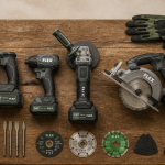 outillage portatif aligné sur établi, 5 outils modernes