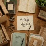 Vidage maison : cartons, objets à trier sur table