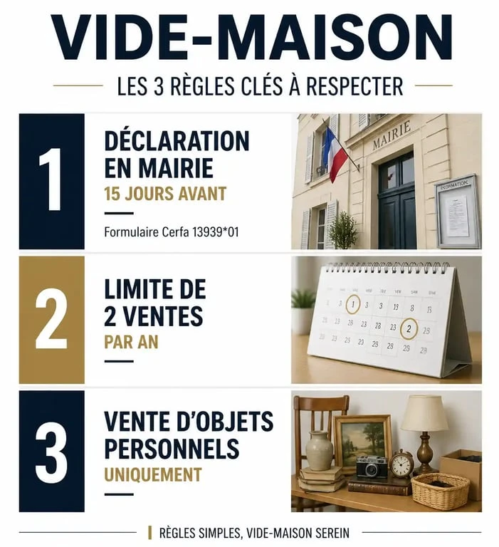 Infographie des règles légales pour organiser un vide-maison 94