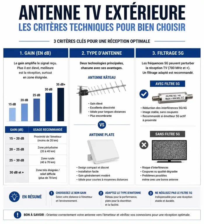 Comparatif des critères techniques pour choisir une antenne TV extérieure en zone de réception difficile