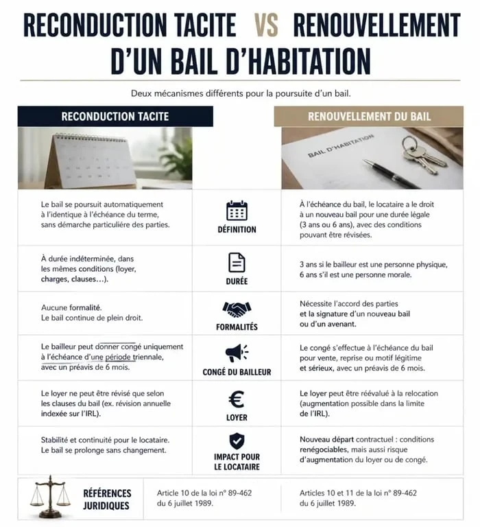Infographie comparative entre la reconduction tacite et le renouvellement d'un bail de 3 ans pour un logement non meublé