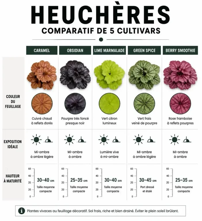 Tableau comparatif des plus belles variétés d'heuchères pour le jardin