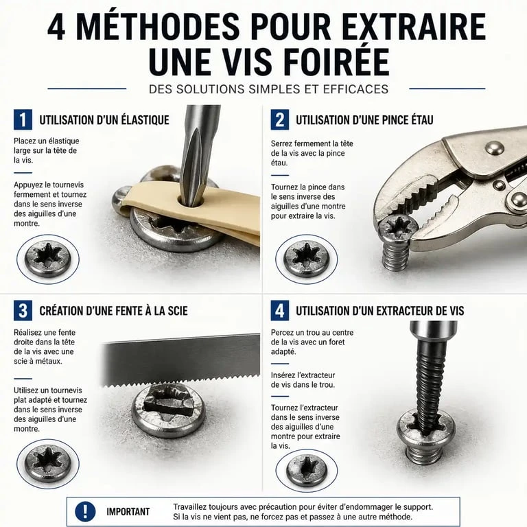 Schéma illustrant les 4 méthodes pour extraire une vis au pas de vis foiré