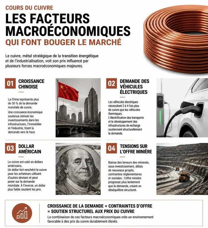 Infographie des facteurs influençant le cours du cuivre et l'investissement dans le cuivre