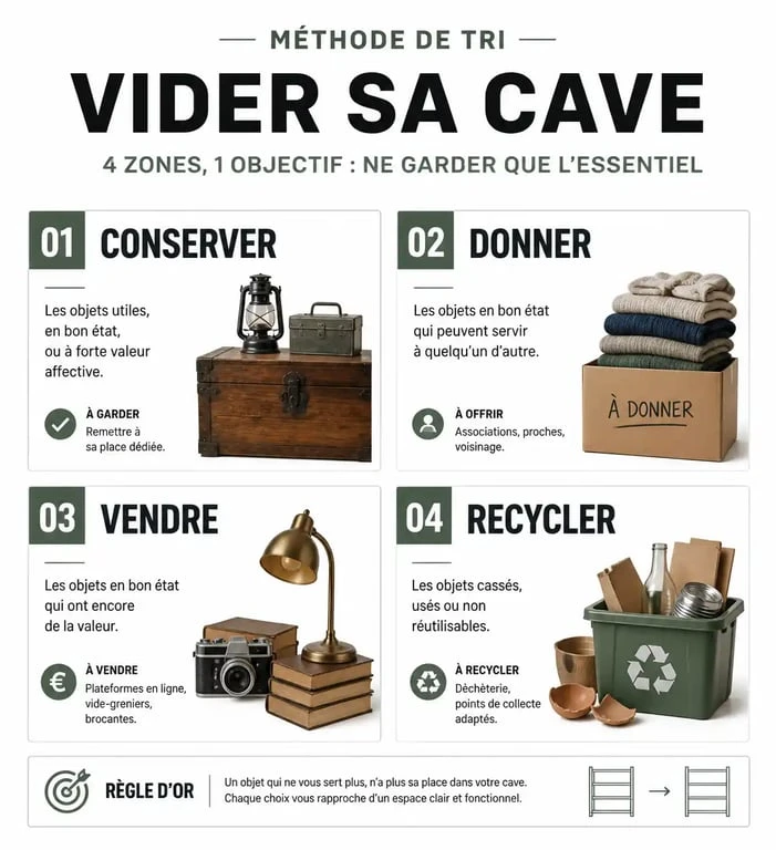 Infographie sur la méthode de tri efficace pour vider une cave et gérer ses encombrants